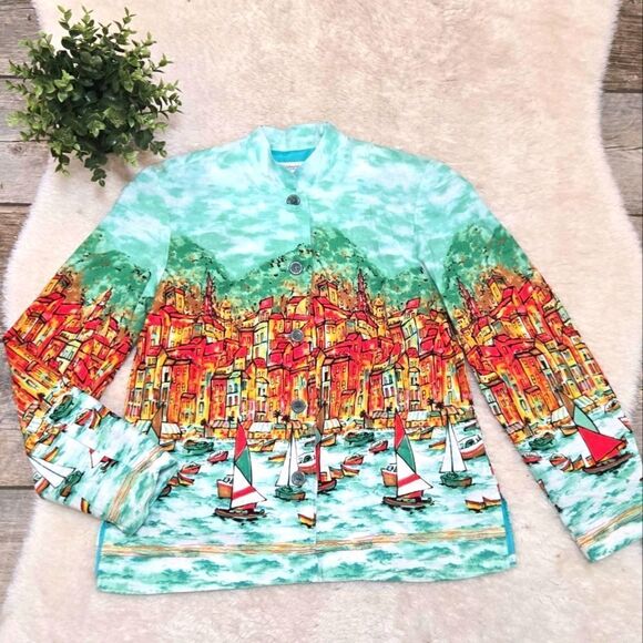 Coldwater Creek Blue with Sailboat Scene Button-Front Linen-Blend Jacket… - Picture 1 of 9
